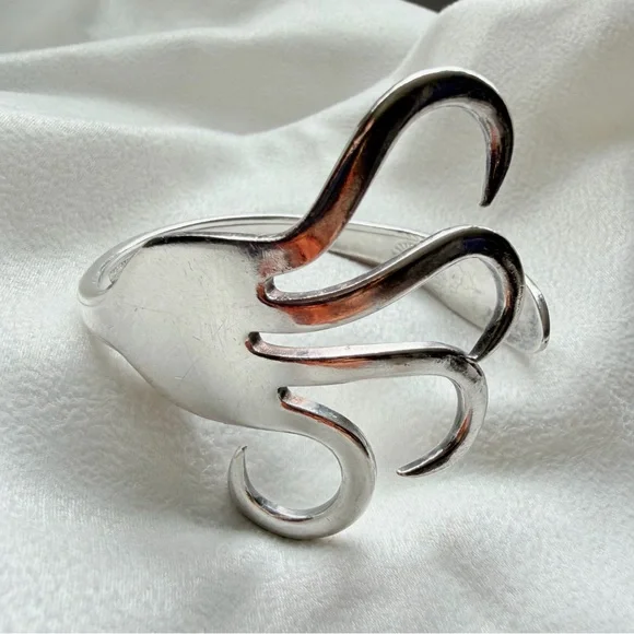 Sterling Silver Plate Sculptural Fork-Form First Love Coachella Cuff Bracelet - Picture 7 of 16